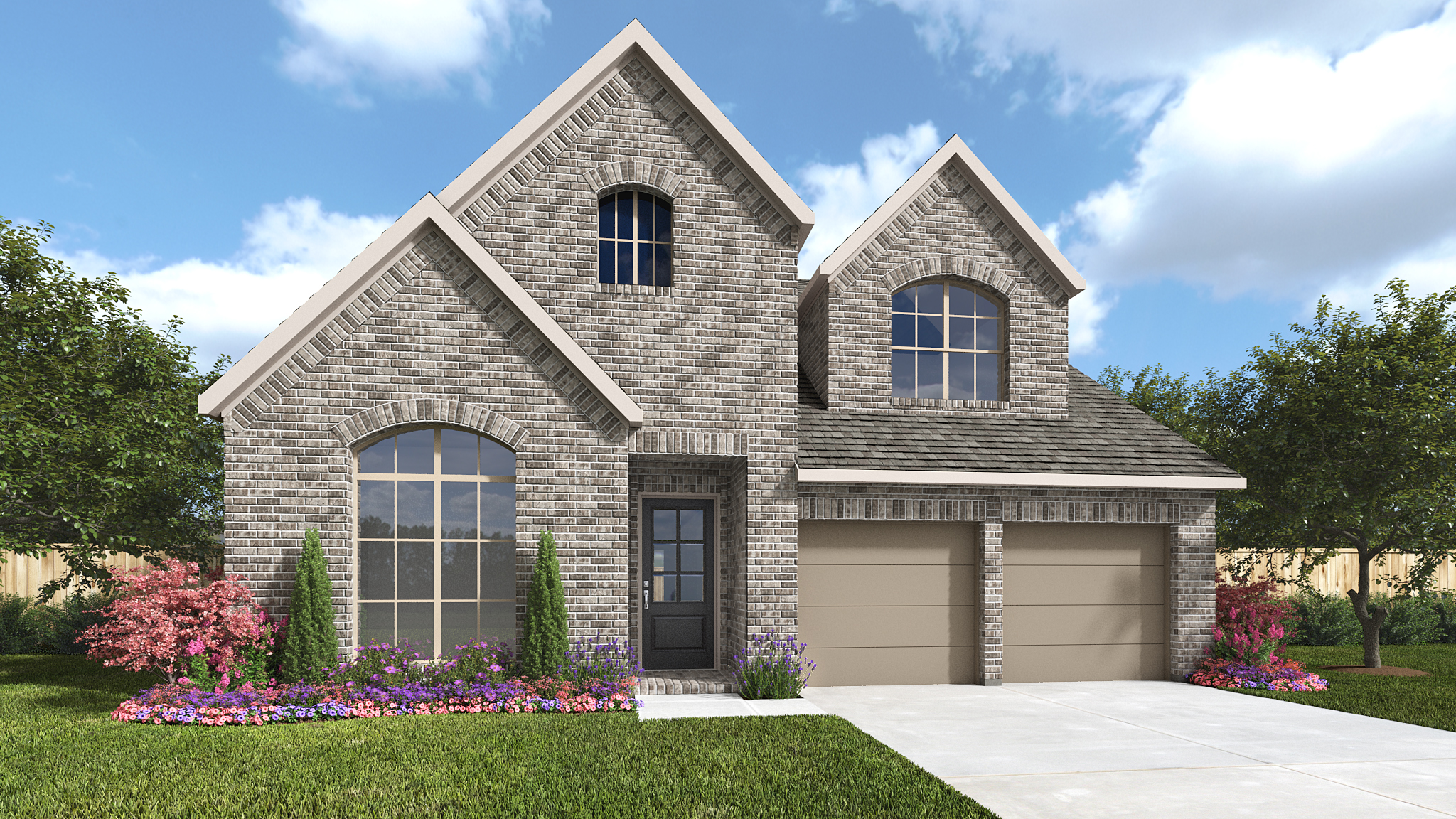 Legacy single home rendering with grey brick exterior and purple flowers. Legacy single home rendering with grey brick exterior and purple flowers.
