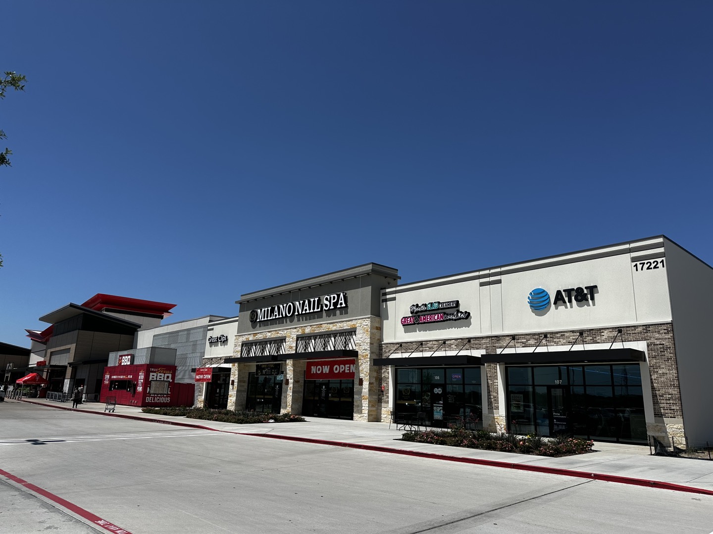 Street view of retail shops now open for business at the Manvel Town Center Street view of retail shops now open for business at the Manvel Town Center